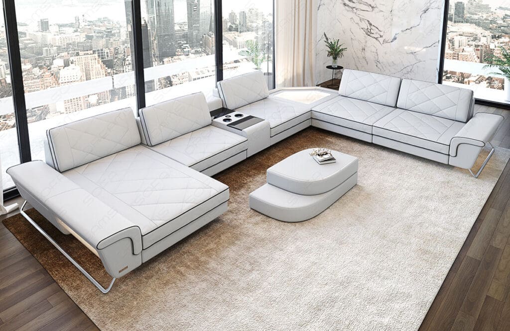 Ledersofa Wohnlandschaft Bari mit USB Anschluss und LED Licht