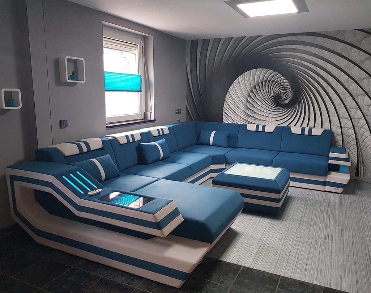 XXL Ledersofa Ravenna Blau Weiß
